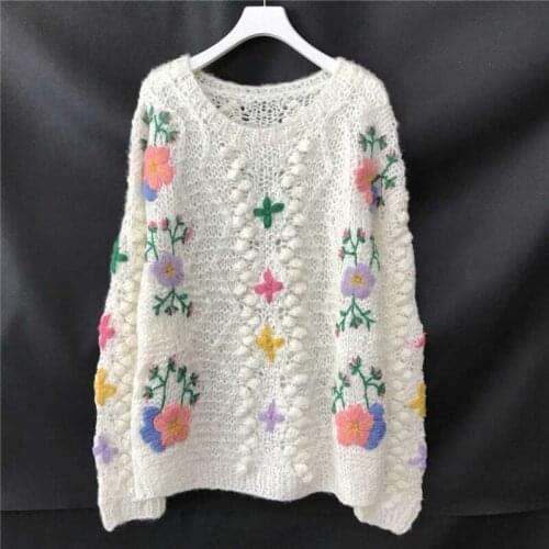 Embroidery Pattern Sweater Luxury Brand Design Elegant Sweaters Women Runway Sweaters Loose Warm Knitted Pullovers Tops 2021 New