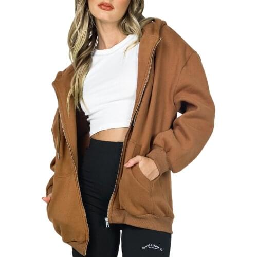 2021 Fashion Women Hoodies Long Sleeve Zip Solid Color Loose Oversize Hooded Sweatshirt Casual Coat Outerwear Jackets Streetwear