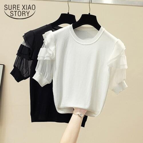 Summer Round Neck Casual knitted blouse 2021 Korean Mesh Stitching short Sleeve Woman shirts Solid Color Slim Blouse tops 15415