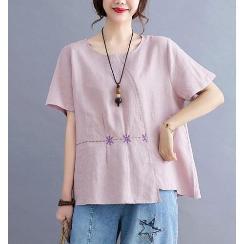 Women Cotton Linen Loose T-Shirts New Arrival 2021 Summer Casual Female Tops Oversized Embroidery Short Sleeve Top Tees B070
