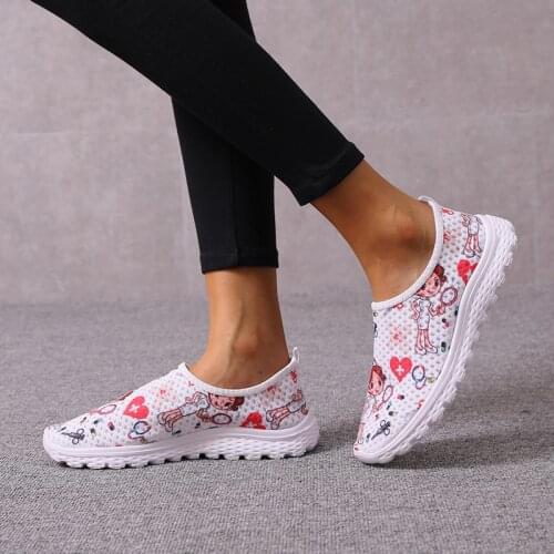 2021 New Cartoon Nurse Doctor Print Women Sneakers Slip on Light Mesh Shoes Summer Breathable Flats Shoes Zapatos Planos Shoes