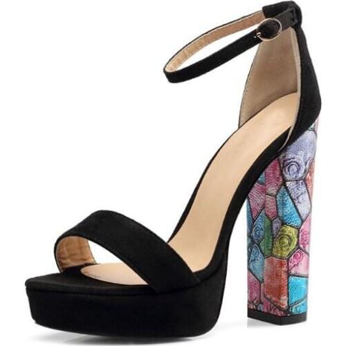 Platform Dress Sandals Fashion Printed Chunky Heels Sandals Shoes Woman Large Size Party Pumps Suede Leather Sandals