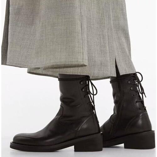 Fashion New Women Motorcycle Boots Mid Calf Leather Winter Warm Black Shoes Lace Up Heels Woman wo19086