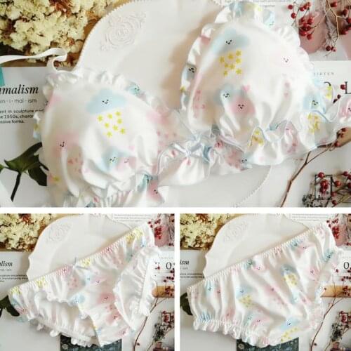 Women Girls Cute Bow Bra Panty Set Smile Clouds Print Ruffles Student Lolita Kawaii Underwear Japanese Anime Lingerie