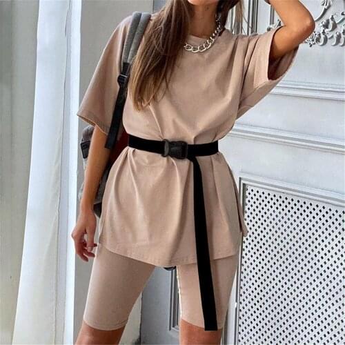 Suit Female Casual Outfits Womens Two Piece Set with Belt Home Sports Loose Fashion Bicycle Summer Tracksuit Women 2020