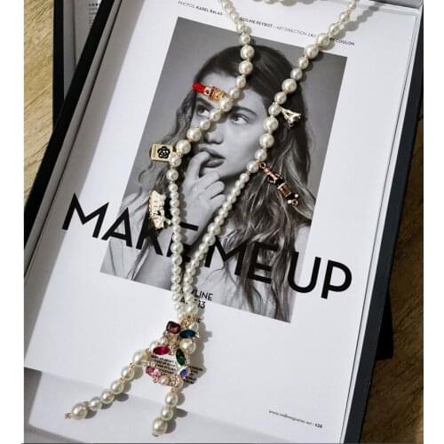 Long Simulated Pearl Necklace for Women No.5 Pendant Long Necklace Trendy Design Style Pearl Tassel Necklace