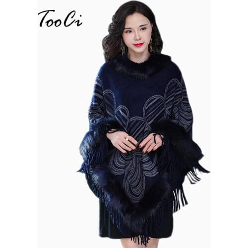 New Fashion Spring Women Fake Fox Fur Collar Cloak Pullover Lady Bat Sleeves Dark Blue Tassel Poncho Sweater Winter Coat