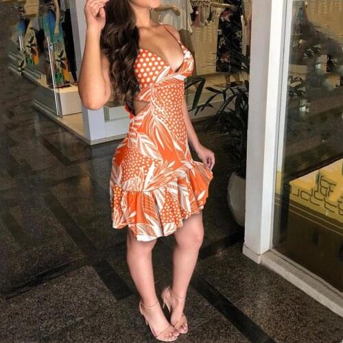 Women Sexy Vintage Print Deep V Neck Sling Short Dress Summer Lady Casual Bodycon Floral Ruffles Stitching Mini Vestidos Female