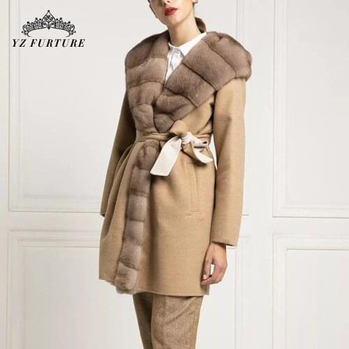 Women Winter Khaki Elegant Wool Hooded Coat Whole Mink Placket Belt Classic Female Cashmere Outerwear Casual Streetwear Cloak