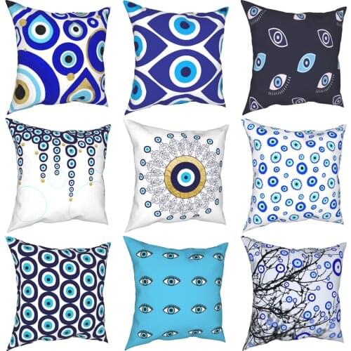 Evil Eye Charms Pillow Covers Polyester Blue Nazar Amulet Pattern Boho Cushion Cover Funny Pillow Cover for Home Bed Car 45*45