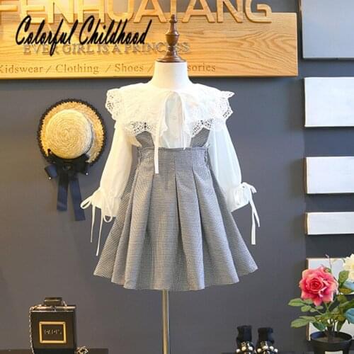 White school girls lace blouse+plaid suspender dress for princess autumn winter clothing set children outfits