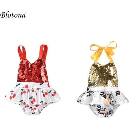 Blotona Baby Girls Sleeveless Sequins Romper, Cherry Print Little Princess Halter Backless Bodysuit Summer Clothing 0-12Months