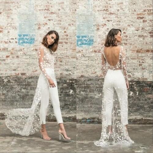 Designer Jumpsuit Beach Wedding Dresses Jewel Neck Long Sleeve Backless Ankle Length Bridal Outfit Lace