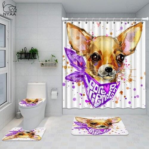 Cute Dogs Printed Pattern Waterproof Shower Curtain Pedestal Rug Toilet Lid Cover Bath Mat Set French Bulldog Bathroom Curtain