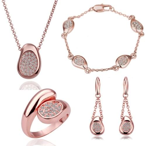 Wholesales GP Full Rhinestone Pea Shape Pendant Necklace+Earrings+Bracelet+Ring Fashion Brand Jewelry Set