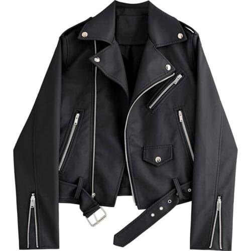 Spring Autumn Korean Short Faux Leather Jacket Plus Belt Lapel Slim Washed Leather Long Sleeve Zipper Casual Moto Biker Jackets