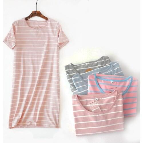 Summer Nightgowns Sweet Knitted Cotton Stripes Short Sleeves Sleepshirts Women Sleepwear Plus Size Lace Dress Home Clothes