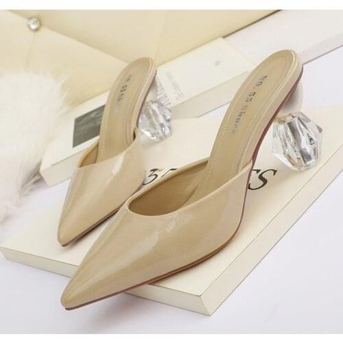 2021 NEW Sexy PU Womens Summer Pointed Toe High Heel Fashion Slip On Slides ConciseParty Shoe Roman Shallow Solid