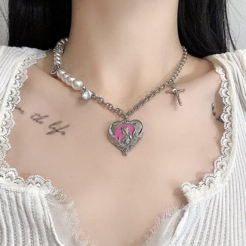 MWSONYA Fashion Korean Pearl Painted Craft Pink Love Heart Pendant Necklace for Women Cross Chain Party Jewelry Crystal Necklace