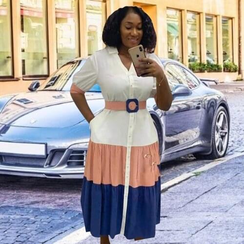 African Shirt Dresses 2021 Summer V-collar Patchwork Pleated Dress Lantern Sleeve Streetwear Rich Bazin Nigerian Femme Clothes