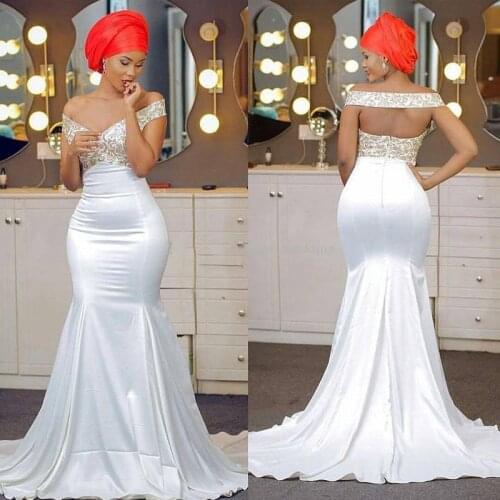 Off The Shoulder Mermaid Evening Gowns Appliques Lace Backless Prom Gowns Long Sweep Train Party Dresses Aso Ebi Plus Size