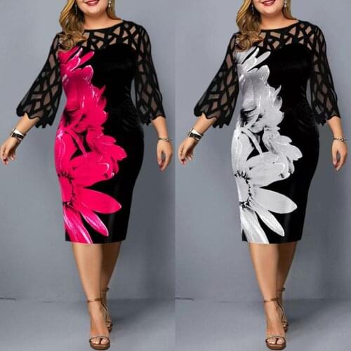Sexy Women Dress Elegant O-Neck Digital Floral Print 3/4 Mesh Sleeve Midi Dress for Women Bodycon Party Dress Vestidos de mujer