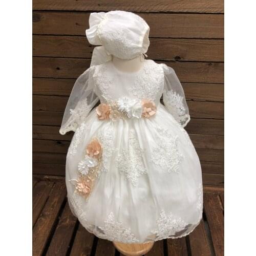 Long Sleeve Christening Gowns Lace Appliqued Baptism Dresses With Bonnet First Communication Dress With Flower Waist Custom