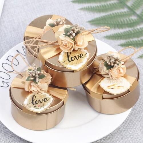 1PC New Round Candy Chocolate Box Wedding Party Favors Tinplate Gift Boxes Red Gold Gift Packaging Birthday Decor Party Supplies