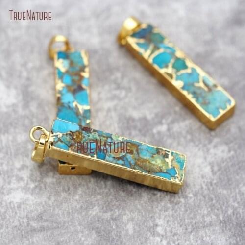 Rectangle Mosaic Turquoises Howlite Bar Charm Pendant Gold Dipped Blue Stone Pendant PM26808