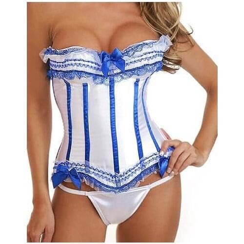 White Blue Sexy lingerie costume Ladies Fancy Dress Satin Lace Up Basque Corset S-XXL C2559