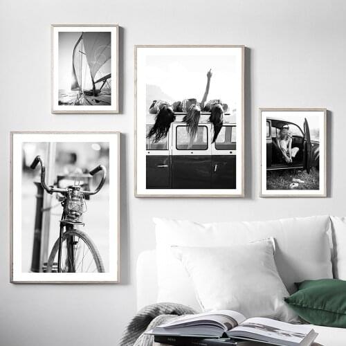 Scandinavian Style Bike Poster Black and White Canvas Painting Girl In Car Wall Pictures for Living Room Nordic Decor Home Art