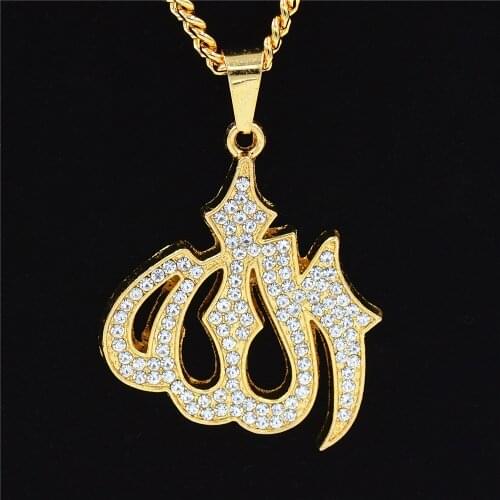 Uodesign Men Gold Iced Out Muslim Allah Pendant Necklace Hiphop 75cm Length Cuban Chain Islamic Koran Rhinestone Letter Necklac