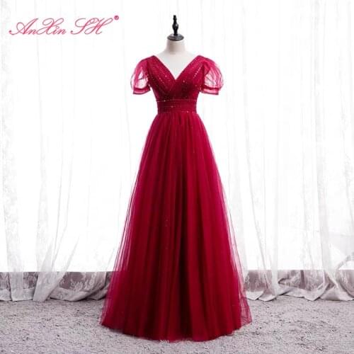 AnXin SH princess wine red lace evening dress vintage party v neck short sleeve beading crystal a line bride evening dress