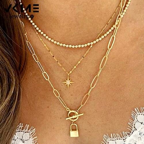 VKME Multi-layered Lock Necklace For Women Geometric star buckle Pendant Necklaces Jewelry collier de perles