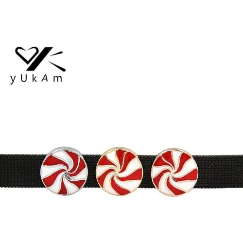 YUKAM Jewelry Sliders Spacers Round Red Enamel Christmas Lollipop Candy Slide Charms Keeper for Mesh Bracelet Accessories Making