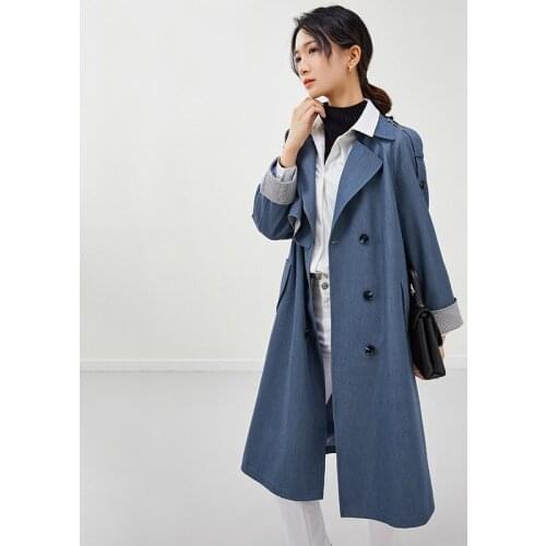 Imitation denim windbreaker coat womens spring and autumn waist closing temperament medium and long design