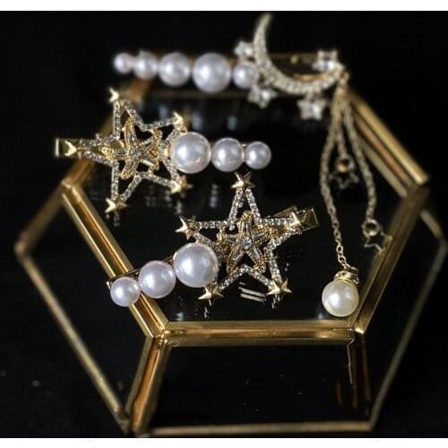 Vintage Crystal Rhinestone Bridal Barrettes Tiaras Moon Star Beaded Pearls Hair Clip Wedding Hair Accessories волосы на заколках