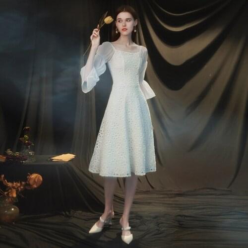 Bridesmaids Dresses Vintage Square Collar Three Quarter Knee-Length Embroidery A-Line Luxury White Women Wedding Party Gown E730