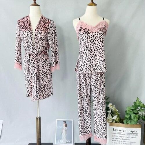 Pajamas Suit Sleep Set Nightwear Lace Home Clothing Intimate Lingerie Casual Sleepwear Sexy Leopard Long Sleeve Velour 3PC Pink