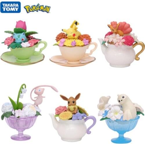 6Pcs/Set Pokemon Teacup Flowers Anime Action Figure Toys Pikachu Venusaur Eevee Mewtwo Model Dolls For Kids Birthday Gifts