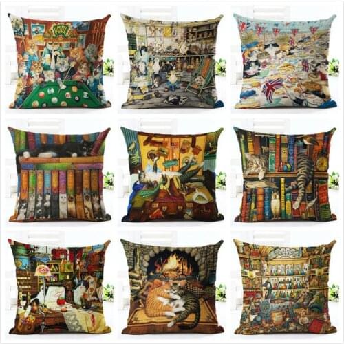 Cute Cartoon Cat Printing Decorative Pillowcase Cat Cotton Linen Throw Pillow Case Pillow Cover kussensloop almohada ZT305