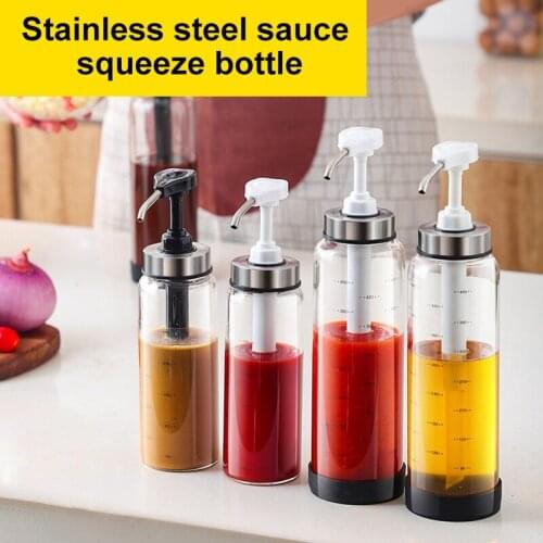 Sauce Syrup Dispenser Bottle Glass Olive Oil Dispenser with Wide Neck Press Pumps Head Kitchen Supplies Herb Spice Tools Gadgets