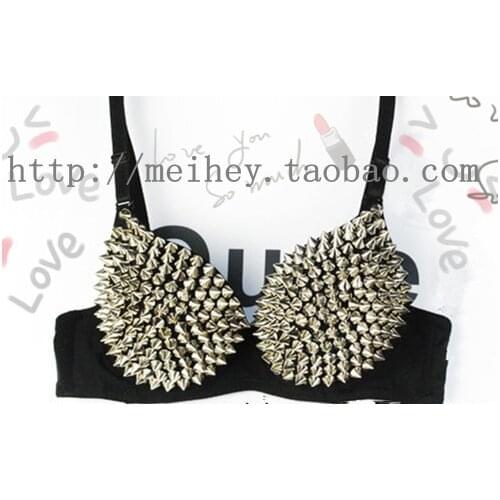 DJGRSTER GaGa Womens Hot Sexy Gold Silver Tone Metallic Gathers Punk Spike Studs Rivet Bra Push Up Bra Stage Show free shipping