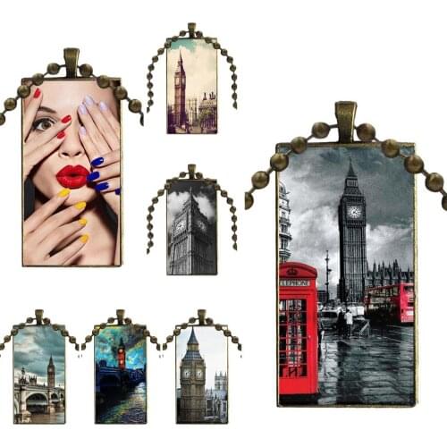 For Men Women London Collage Art Design Fashion Vintage Glass Women Rectangle Necklace Pendants