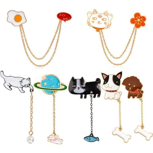 Cat Dog Enamel Pins Chain Rabbit Planet Egg Flash Mountain Badge Brooches Denim Shirt Lapel Pin Custom Animal Jewelry Wholesale