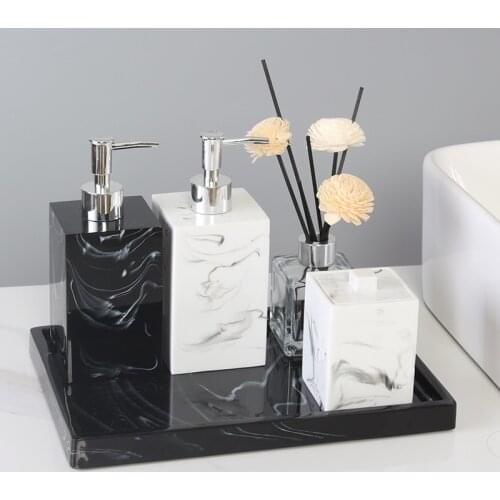Marble Texture Resin Cotton Swab Box With Lid Bathroom Accessories Set Dispenser Toothbrush Holder Soap Dish With Storage Tray