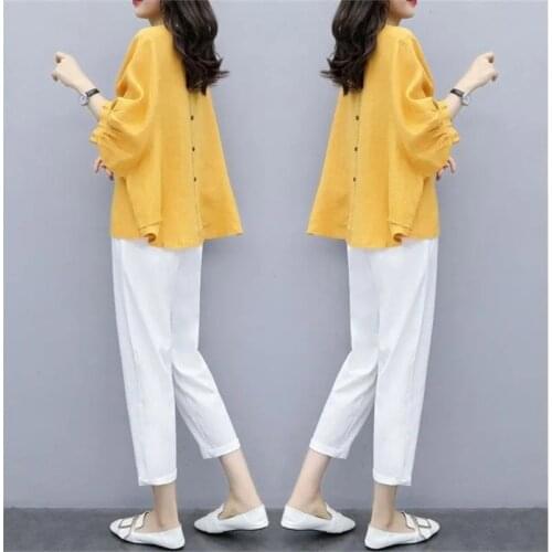 Spring Summer Womens Two Piece Suit 2021New Cotton And Linen Tops And Cropped Trousers Casual Sets Ladies Pants Set 3XL Q63