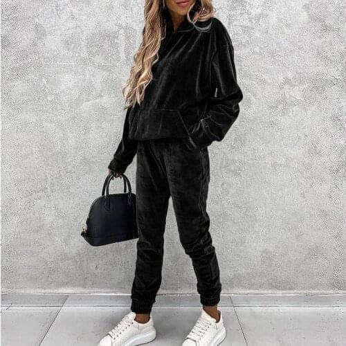 Fashion Two Piece Sets Women Casual Long Sleeve Hooded Sweatshirt And Pants Outfit Autumn Spring Female Vintage Velvet Tops Suit