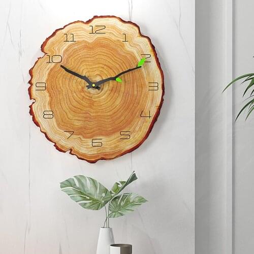 16 Inches Wall Wood Clocks Tree Annual Ring Mute Clocks with Leaves Needle for Home Living Room Wall Decor Housewarming Gifts
