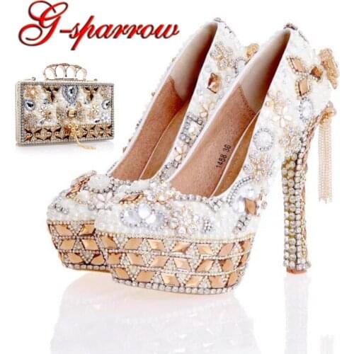 Newest Design White Pearl Wedding Shoes with Matching Bag Gorgeous Handmade High Heels Women Crystal Bridal Shoes Plus Size 12